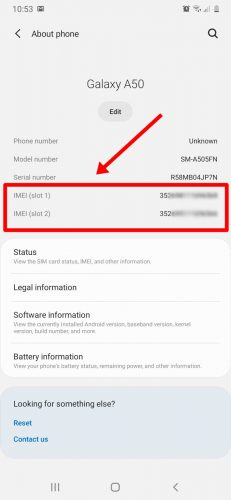 IMEI in settings screenshot