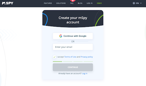 Create account mSpy screen